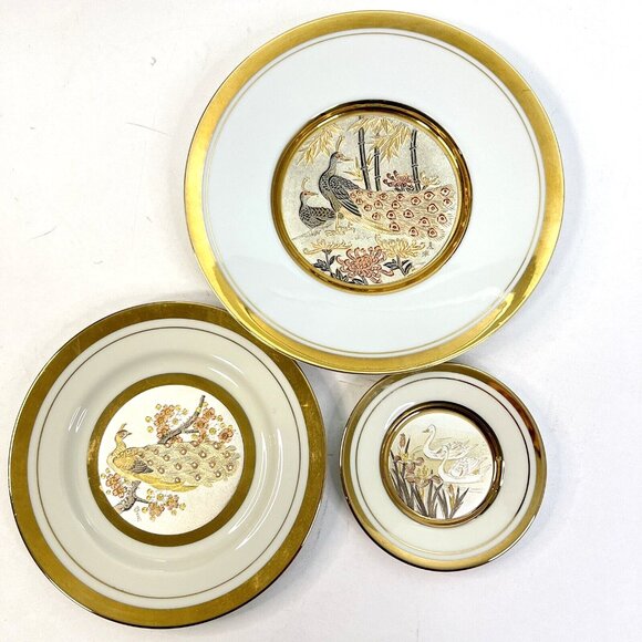 Lot of 3 The ART of CHOKIN Plates 24k Gold Trim Japan Peacocks Swans Wall Art - Picture 1 of 13